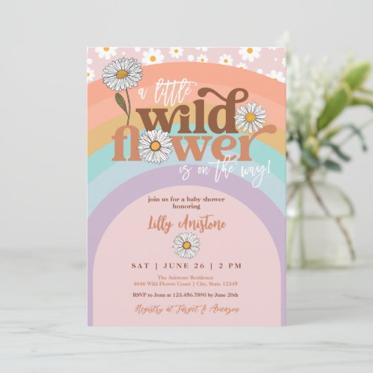Boho Groovy Wildblume Kinderdusche Einladung (Stehend Vorderseite)