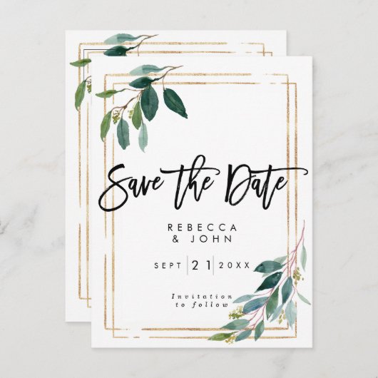 boho Grün mit Blumen Save the Date wedding Karte (Vorne/Hinten)