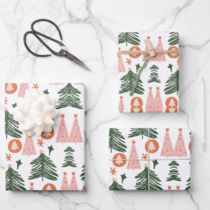 Boho-Grün-Pink-Orange-Rustikale-Weihnachtsbäume Geschenkpapier Set