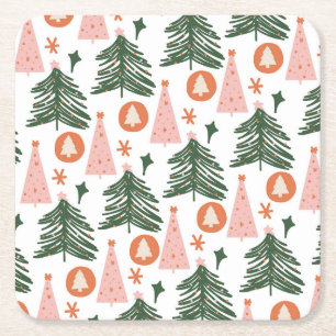 Boho Grün Pink Orange Weihnachtsbäume  Rechteckiger Pappuntersetzer