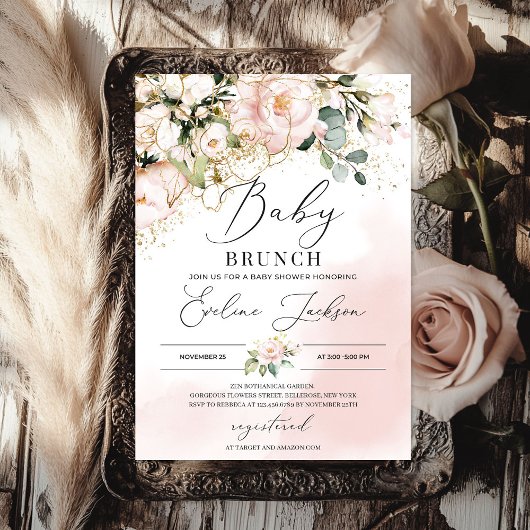 Boho grün rot Rosa Blütengold Baby Brunch Einladung