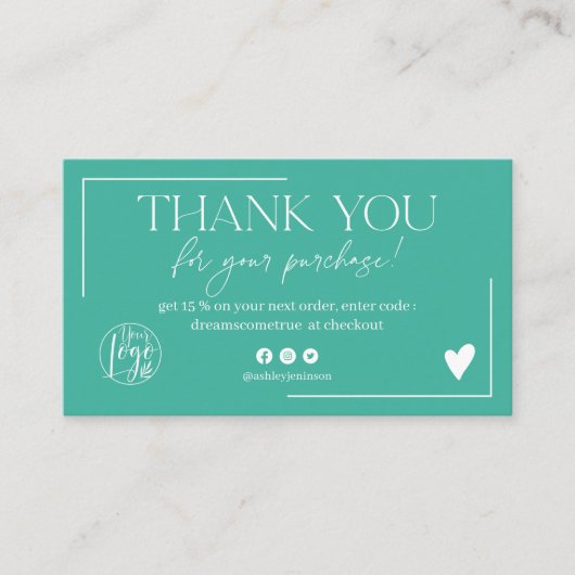Boho grün türkis Skript-Reihenfolge danke Visitenkarte (Vorderseite)