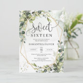 Boho grün verlasse goldenes geometrisches 16 . Geb Einladung (Stehend Vorderseite)