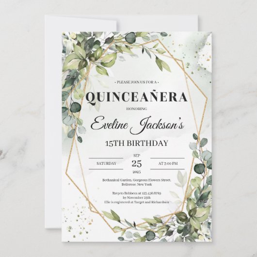 Boho grün verlasse Goldrahmen quinceanera Einladung (Vorderseite)
