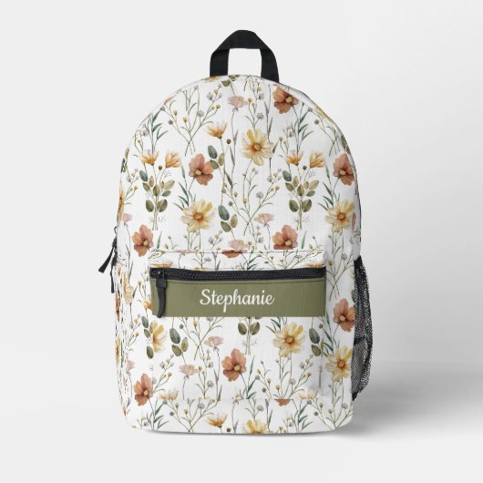 Boho-Grün-Wasserfarbe-Wildblumen-Monogramm Bedruckter Rucksack (Vorderseite)
