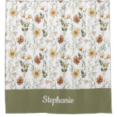 Boho-Grün-Wasserfarbe-Wildblumen-Monogramm-Name Duschvorhang (Vorderseite)