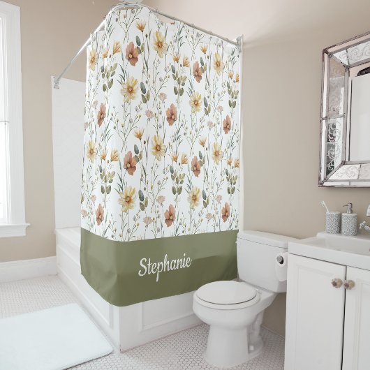 Boho-Grün-Wasserfarbe-Wildblumen-Monogramm-Name Duschvorhang