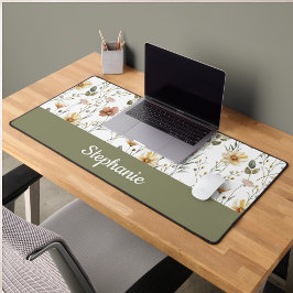 Boho-Grün-Wasserfarbe-Wildblumen-Monogramm-Name Schreibtischunterlage
