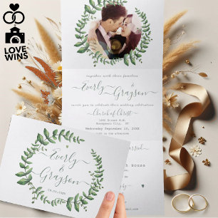 Boho Grüne Blatt Olive Grün Asche Kranz Hochzeit Dreifach Gefaltete Einladung
