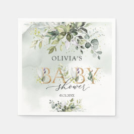 Boho grüne Blattwerk goldene Buchstaben Babydusche Serviette