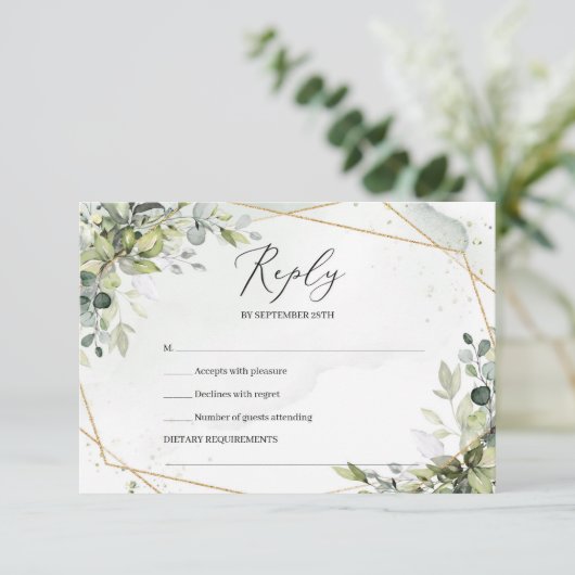 Boho grüne Blattwerk und goldene Rahmen Feder uAwg RSVP Karte (Stehend Vorderseite)