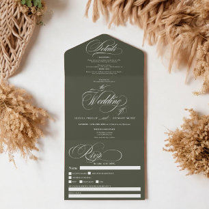 Boho-grüne, elegante Skriptkalligrafie Hochzeit All In One Einladung