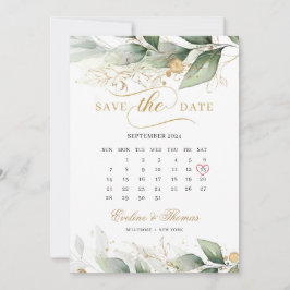 Boho grüne Eukalyptus und goldene Blätter Hochzeit Save The Date
