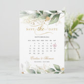 Boho grüne Eukalyptus und goldene Blätter Hochzeit Save The Date (Stehend Vorderseite)