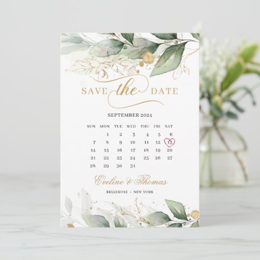 Boho grüne Eukalyptus und goldene Blätter Hochzeit Save The Date (Stehend Vorderseite)