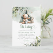 Boho grüne geschlechtsneutrale Teddybär im Zelt Einladung (Stehend Vorderseite)