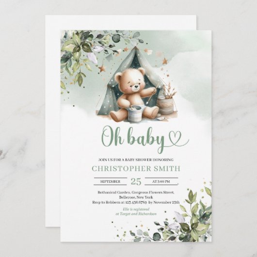 Boho grüne geschlechtsneutrale Teddybär im Zelt Einladung (Vorne/Hinten)