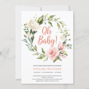 Boho grüne rosa Rosen weiße Hydrangea Oh Baby Einladung