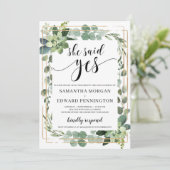 Boho grüne succulent sie sagte ja Verlobung Einladung (Stehend Vorderseite)