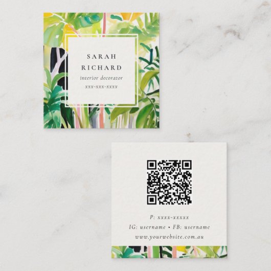 Boho Grüne Tropische Blatt Foliage Botanischer QR- Quadratische Visitenkarte (Vorne/Hinten)