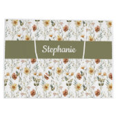Boho Grüne Wildblumen Wasserfarbe Monogramm Name Große Geschenktüte (Rückseite)