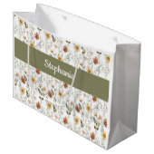 Boho Grüne Wildblumen Wasserfarbe Monogramm Name Große Geschenktüte (Vorderseite Schrägansicht)