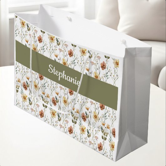 Boho Grüne Wildblumen Wasserfarbe Monogramm Name Große Geschenktüte