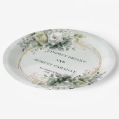 Boho-Grünzeug Dusty Green Eukalyptus-Hochzeitspapi Pappteller (Schrägansicht)