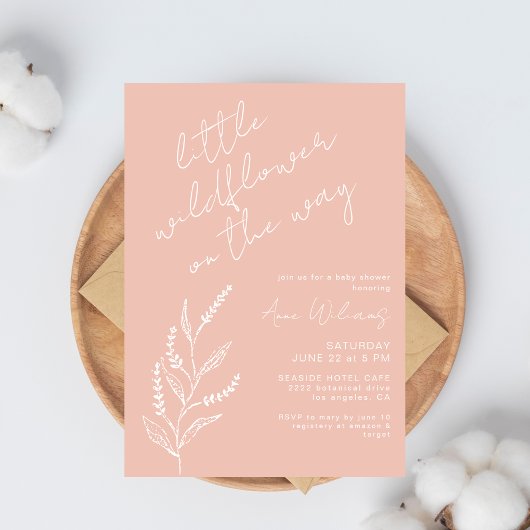 Boho Hand-drawn Wildflower Blush Pink Baby Shower Einladung