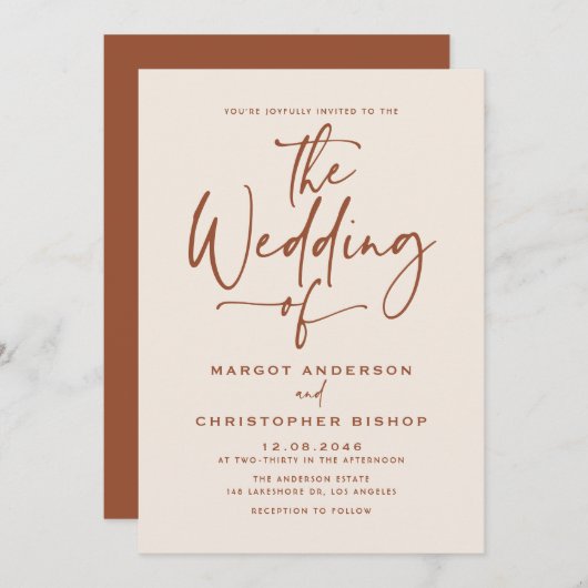 Boho Hand Lettered Calligraphy Terracotta Wedding Einladung (Vorne/Hinten)