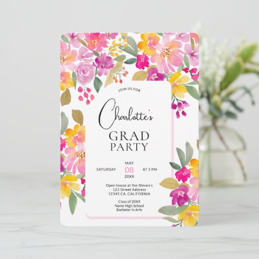 Boho Hand-Painted Boho Floral 3-Foto Abschluss Einladung (Stehend Vorderseite)