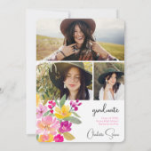 Boho Hand-Painted Boho Floral 3-Foto Abschluss Einladung (Rückseite)