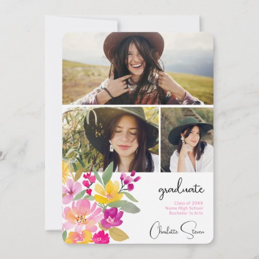 Boho Hand-Painted Boho Floral 3-Foto Abschluss Einladung (Rückseite)