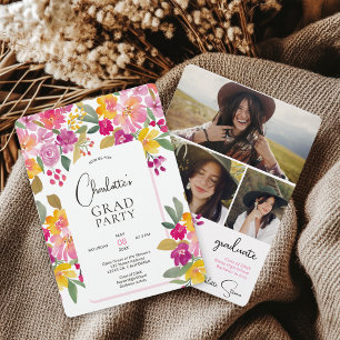 Boho Hand-Painted Boho Floral 3-Foto Abschluss Einladung