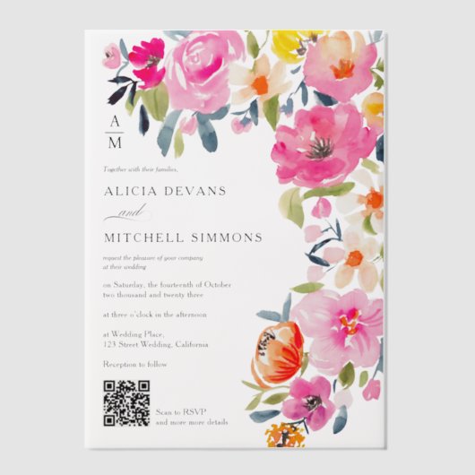 Boho Hand-Painted Floral QR Code Hochzeit Pergament Einladungen (Vorderseite)
