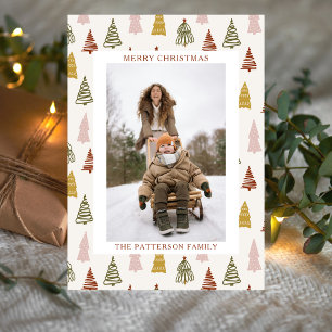Boho handgezeichnete Winter-Wald-Kiefern-Foto-Weih Feiertagskarte