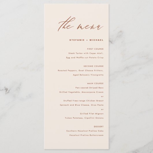 Boho Handwriting Calligraphy Terracotta Wedding Menükarte (Vorderseite)