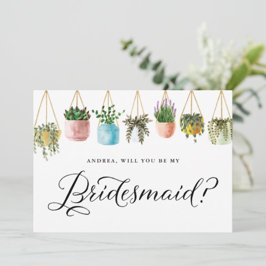 Boho Hanging-Pflanze werden Sie meine Bridesmaid s Einladung (Stehend Vorderseite)