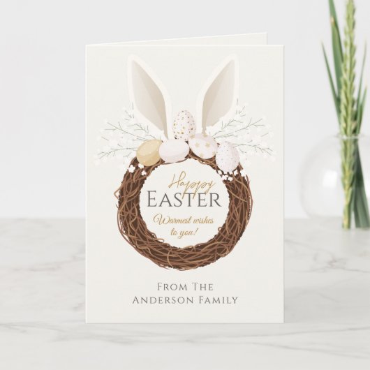 Boho Happy Easter Bunny Wreath Nest Ivory Gold Karte (Vorderseite)