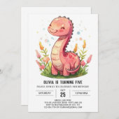 Boho Happy Pink Dinosaur Girl Birthday Einladung (Vorne/Hinten)