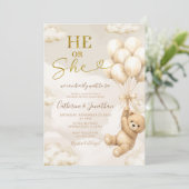 Boho He Or She Beige Balloons Bear Gender Reveal Einladung (Stehend Vorderseite)