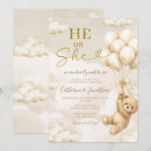 Boho He Or She Beige Balloons Bear Gender Reveal Einladung (Vorne/Hinten)