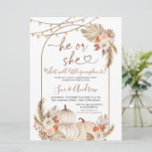 Boho He or She Pumpkin Fall Gender Reveal Einladung (Stehend Vorderseite)