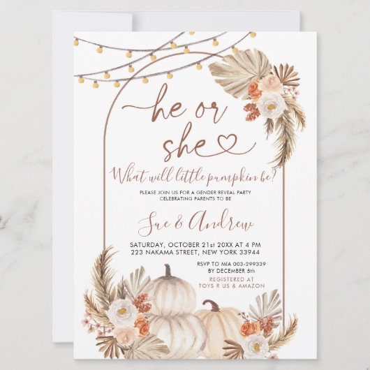 Boho He or She Pumpkin Fall Gender Reveal Einladung (Vorderseite)