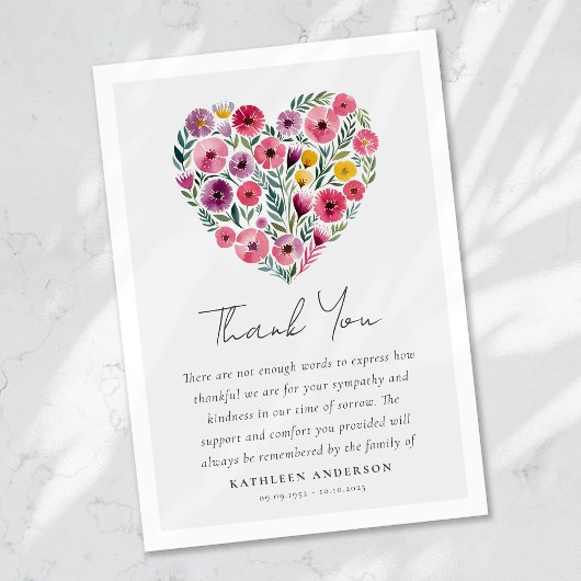 Boho Heart Floral Beileid Beerdigung Dankeskarte