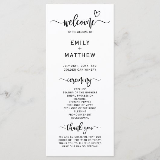 Boho Heart Script Calligraphy Wedding Zeremony Programm (Vorderseite)