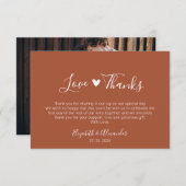 Boho Heart Script Earthy Terracotta Wedding Foto Dankeskarte (Vorne/Hinten)