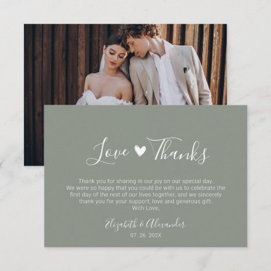 Boho Heart Script Sage Green Wedding Foto Dankeskarte (Vorne/Hinten)