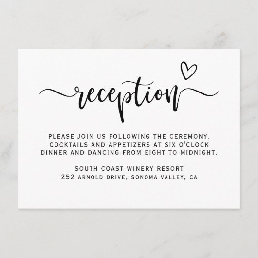 Boho Heart Script Schwarz-weiß Wedding Reception Begleitkarte (Vorderseite)