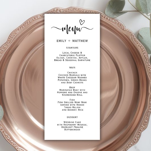 Boho Heart Script Typografy Wedding Menu Card Menükarte